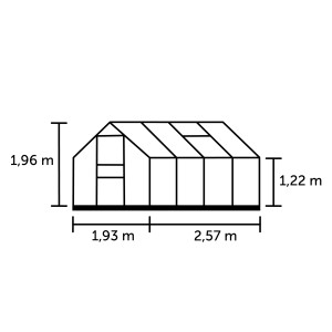 Schéma de la serre Halls Popular 86 Alu avec dimensions, cadre de fondation inclus.