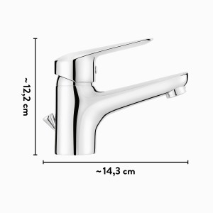 Miscelatore lavabo baliv WT-390 cromato, vista laterale con dimensioni.