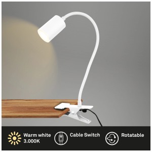 Lampada a pinza LED Briloner bianca con collo di cigno, 3,5W, 290lm, luce bianca calda.