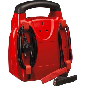 Chargeur automatique rouge AEG AG1208 avec enrouleur de câble et bornes de batterie.