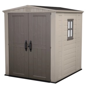 Abri de jardin en plastique Keter Factor aspect bois avec double porte et fenêtre.