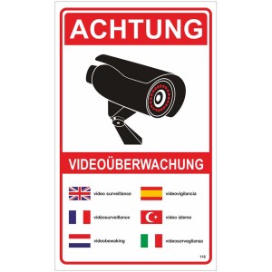 Panneau de signalisation vidéosurveillance, 25x15 cm, avec icône caméra et indication multilingue.