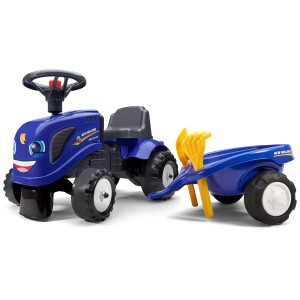 Falk New Holland cavalcabile blu con rimorchio, pala e rastrello per bambini dai 12 mesi.