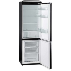 Offener, schwarzer Trisa Kühlschrank Frescolino Classic mit Fächern und Schubladen.