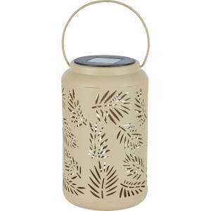 Lanterne solaire LED beige avec motif de feuilles, Ø 12 cm x 20 cm, pour jardin et balcon.