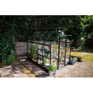 Serre Halls Icon 6 verte, 4,9 m², avec des plantes dans le jardin.