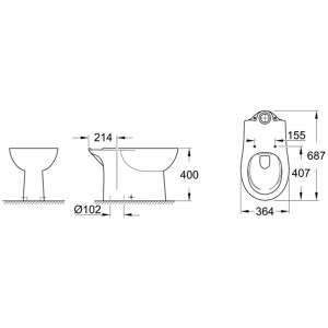 Disegno tecnico del vaso WC a terra Grohe Bau Keramik con dimensioni.