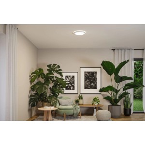 Panneau LED Paulmann Atria Shine, Ø 29,8 cm, blanc, monté au plafond d'une pièce.