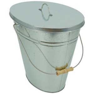 Seau à cendres ovale Valo, 24 l, galvanisé avec couvercle et poignée en bois. Accessoires pour poêles et cheminées.