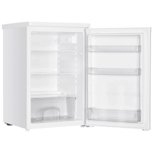 Offener, weißer Trisa Kühlschrank (126 l) mit Glasablagen und Gemüsefach.
