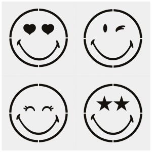 Stencil Aladine con 4 disegni di smiley (occhi a cuore, occhiolino, stelle, sorridente) per progetti fai-da-te.