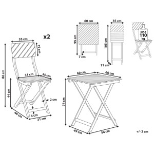 Schéma: Ensemble bistro pliable en eucalyptus avec table et 2 chaises, dimensions