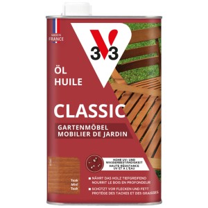 V33 Holzöl Classic Honig 1 l für Gartenmöbel, schützt vor UV-Strahlung und Nässe.