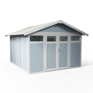 Abri de jardin Grosfillex Utility 11 gris-bleu, 11 m², en PVC avec double porte.
