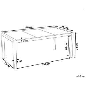Skizze Gartentisch Grosseto: Edelstahl, Naturstein, Maße 180x90x74cm. Detailansicht der Abmessungen.