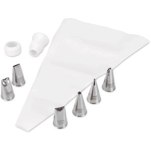 Set de décoration Städter: Poche à douille blanche, 6 douilles inox et adaptateur plastique pour gâteaux.