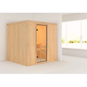 Sauna Karibu Tromsö con porta in vetro bronzato. Sauna in legno massello con due panche in legno di pioppo.