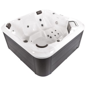 Jacuzzi extérieur moderne Beliani Tularosa, cuve acrylique blanche, boîtier alu foncé, jets, lumière LED.