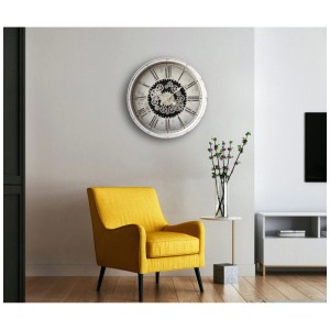 Orologio da parete Globo Vintage, orologio in plastica bianca con ingranaggi a vista, diametro 76 cm.