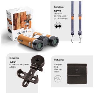 GoView Fernglas Zoomr 8x26 im Set mit Zubehör: Tasche, Smartphone-Adapter und Tragegurt.