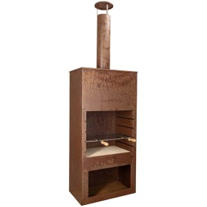 Cheminée de jardin en acier Nouvel Tubo aspect rouille avec grille et compartiment de rangement pour le bois.