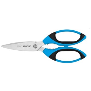 Forbici di sicurezza Martor Secuplus 565, acciaio inox, blu e nero, con impugnatura soft-grip.