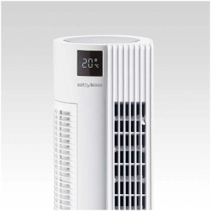 Ventilateur tour Cygnus blanc avec affichage numérique et grille de protection.