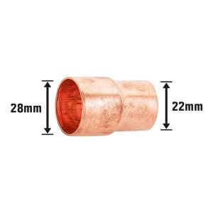 Raccordo a riduzione a saldare in rame, 22 mm x 28 mm, per impianti con tubi in rame.