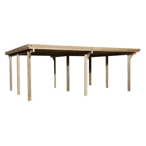 Doppio carport in legno Weka, tetto piatto, senza pannelli, 603x512 cm.