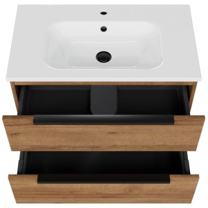 Meuble sous-vasque Pelipal Quantum 07, Chêne Riviera, largeur 60 cm, avec 2 tiroirs et poignées noires.