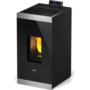 Poêle à pellets Freepoint noir avec façade en verre et automatisme, puissance 6,5 kW.