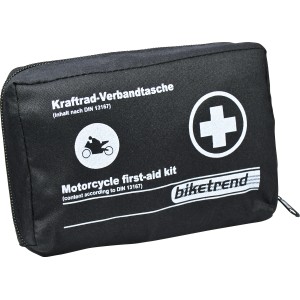Borsa di pronto soccorso nera per moto secondo DIN 13167, compatta e sterile.