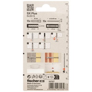Fischer Tasselli SX Plus 6x30 con viti, confezione da 15 pezzi, dettagli del prodotto sulla confezione.