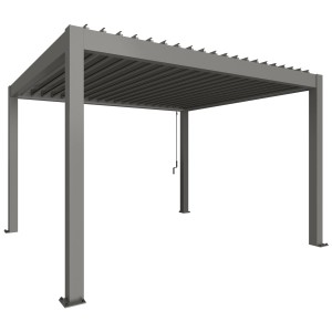 Pergola Biohort 4x3,5 m in grigio quarzo metallizzato. Copertura per patio con lamelle regolabili e scarico acqua piovana.