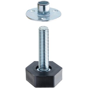 Vis de nivellement Hettich avec écrou pour pieds de meubles, utilisée pour ajuster les sols irréguliers.