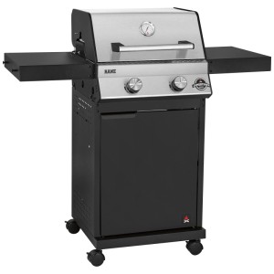 Barbecue à gaz Jamestown Kane 2 brûleurs avec capot en inox et tablettes latérales.