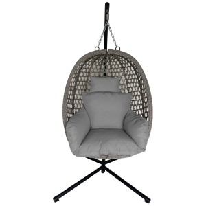 Greemotion Hängesessel Corvo aus grauem PE-Geflecht mit Kissen auf schwarzem Gestell. Ideal für Lounge-Gartenmöbel.