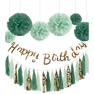 I Am Creative Party-Set Happy Birthday in Mintgrün und Gold mit Pompons und Girlanden.