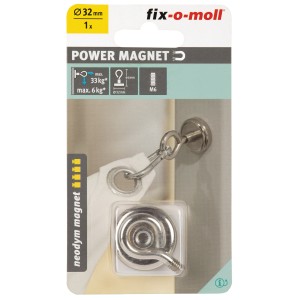 Aimant en pot néodyme Fix-o-moll avec œillet, 44 mm, argent, pour suspendre et fixer des objets.