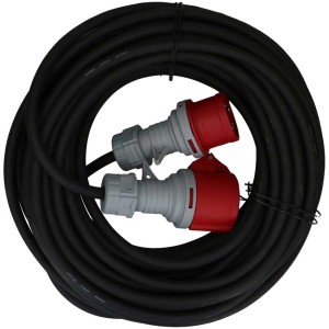 Rallonge CEE noire (20 m) avec fiche et prise 5 pôles.