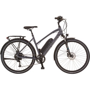 Bicicletta da trekking elettrica da donna Prophete grigia da 28 pollici con portapacchi e telaio step-through.