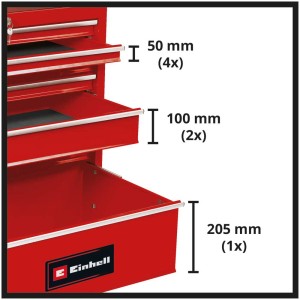 Gros plan du chariot d'atelier rouge Einhell TC-TW 150 avec tiroirs de différentes hauteurs.