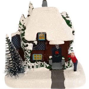 Village de Noël lumineux avec maison enneigée, sapin et enfant. Décoration festive en plastique.