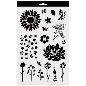 Stencil Aladine fiori 20x30 cm con vari motivi floreali e farfalle.