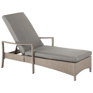 Lettino prendisole da giardino Beliani Vasto in rattan grigio con cuscini. Sdraio regolabile.