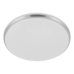 Plafonnier LED rond blanc Eglo Expert Margidore (Ø 34 cm) avec bordure argentée, pour pièces humides.