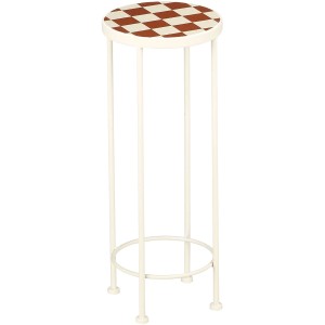 Table à plantes Mica Bologna, fer blanc antique, plateau rond à damier rouge et blanc pour jardin.