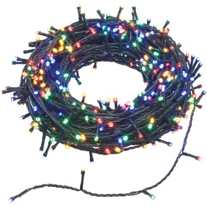 Guirlande lumineuse LED OBI, 400 LED multicolores sur câble vert, enroulée. Pour éclairage extérieur d'ambiance.
