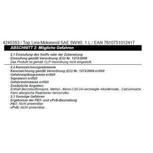 Étiquette de l'huile moteur Top Line SAE 5W-40 1 l pour voitures particulières, détails sur les avertissements de danger.