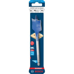 Bosch Flachfräsbohrer Expert Self Cut Speed, 26 mm, blau-silber, für schnelles Bohren in Holz.